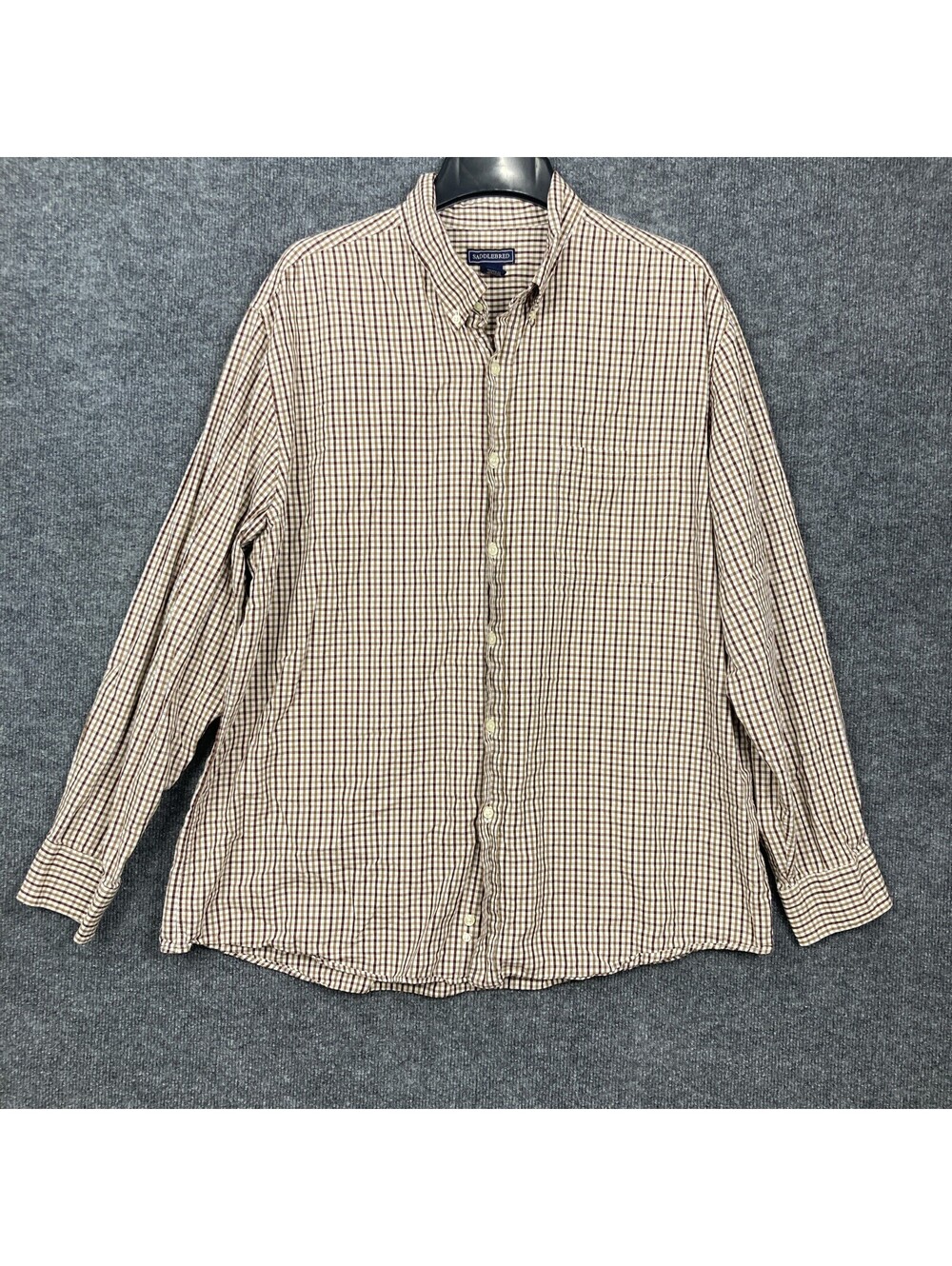 Saddlebred Mens XL Maroon Brown Plaid L/S Button Collar 100% Cotton Shirt EUC